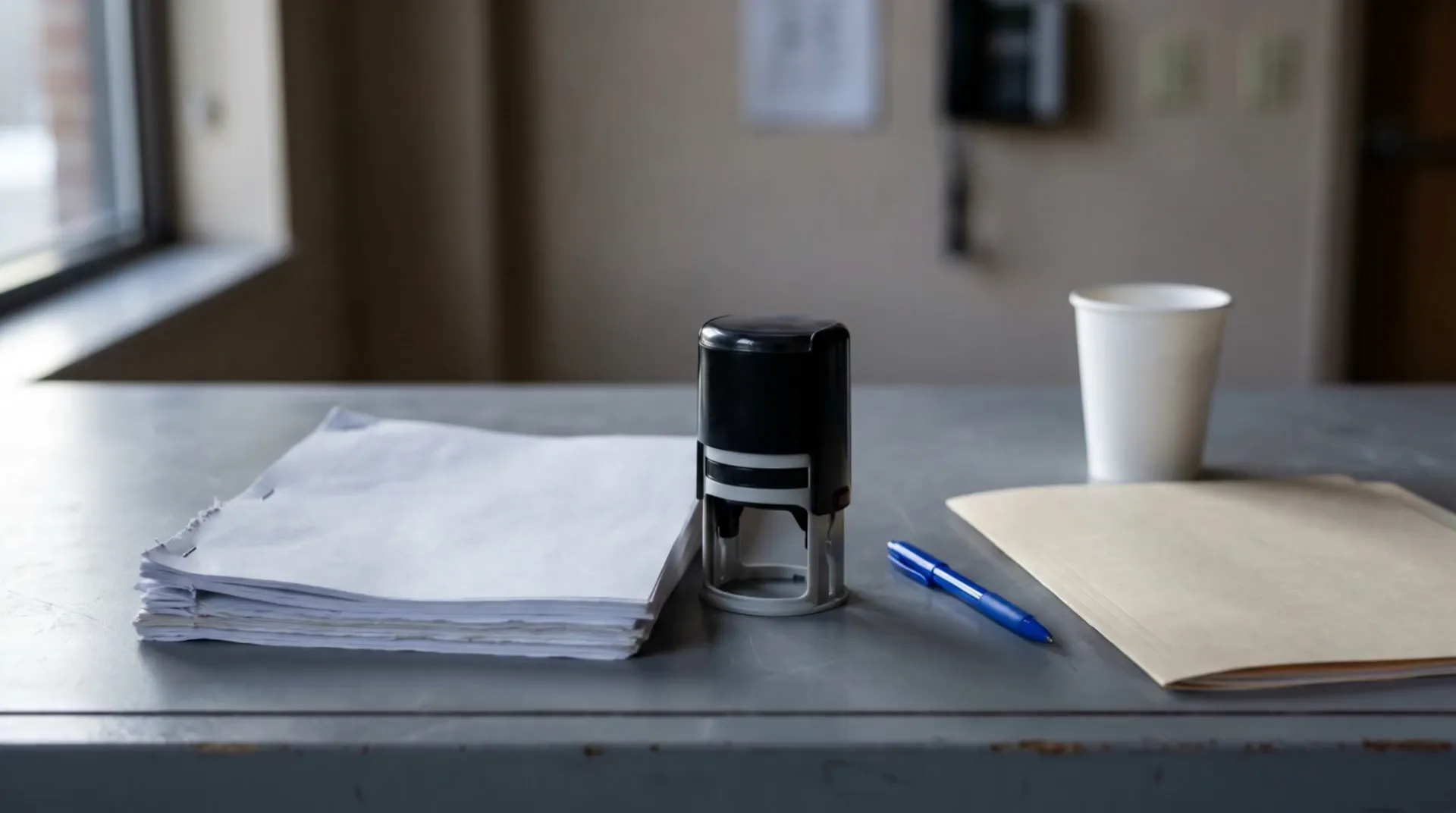 Illustrative still life of blank filings, a docket stamp and a blue pen on a counter